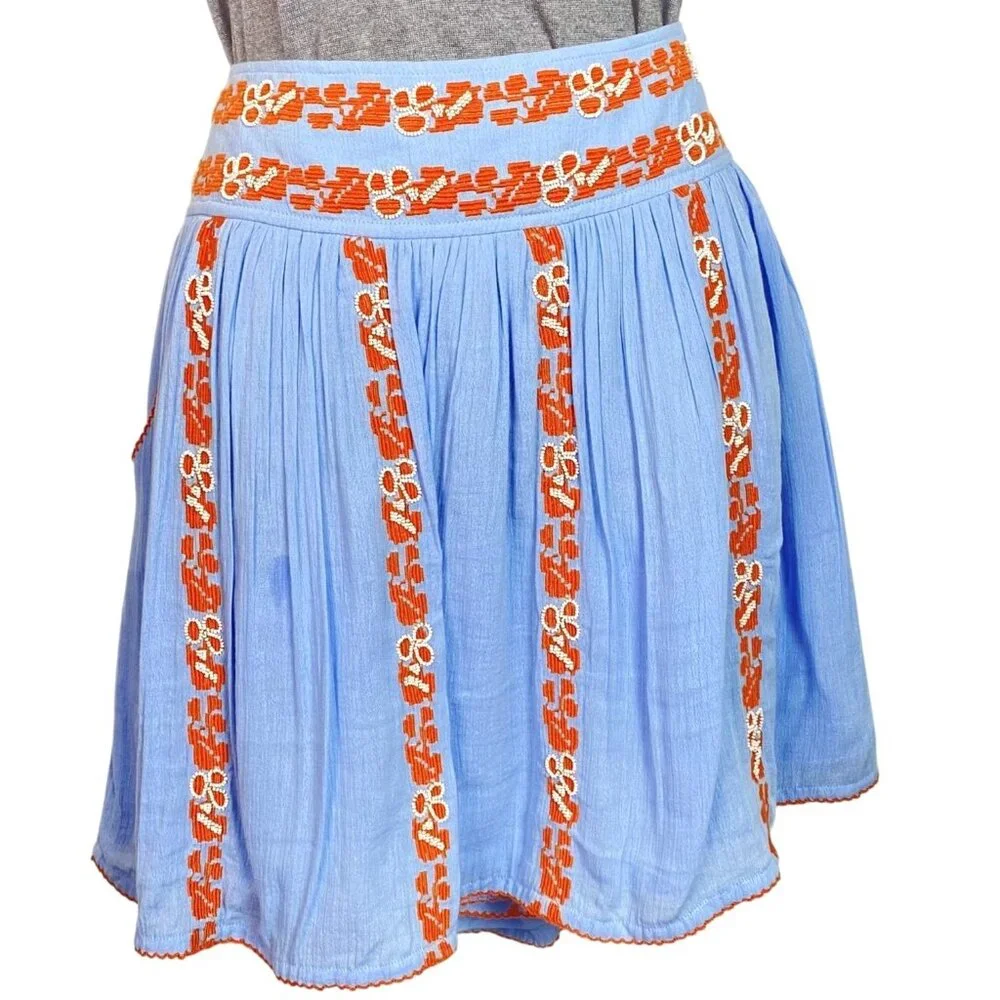 Tory Burch Bright Blue Embroidered Cotton Boho Short Skirt Size 14 - Picture 1 of 12